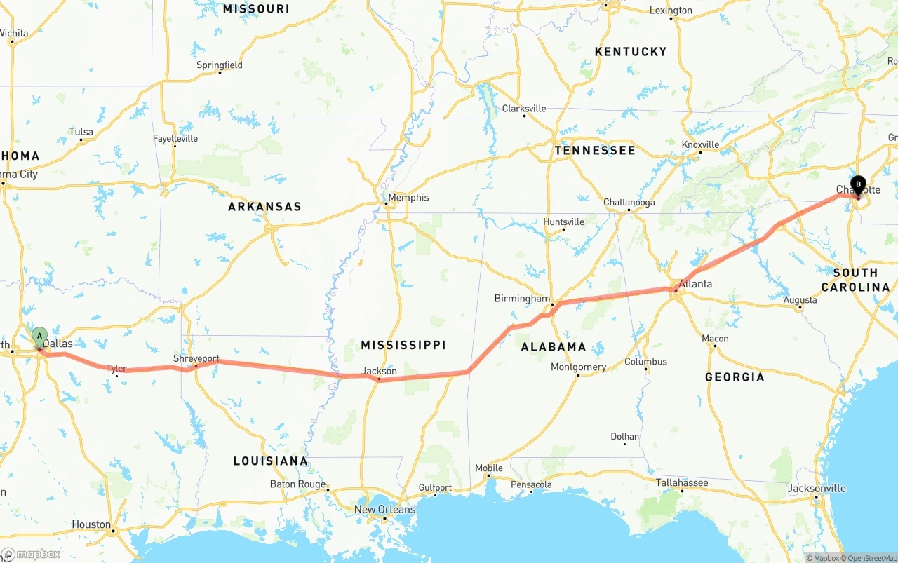 Shipping route from Dallas to Charlotte