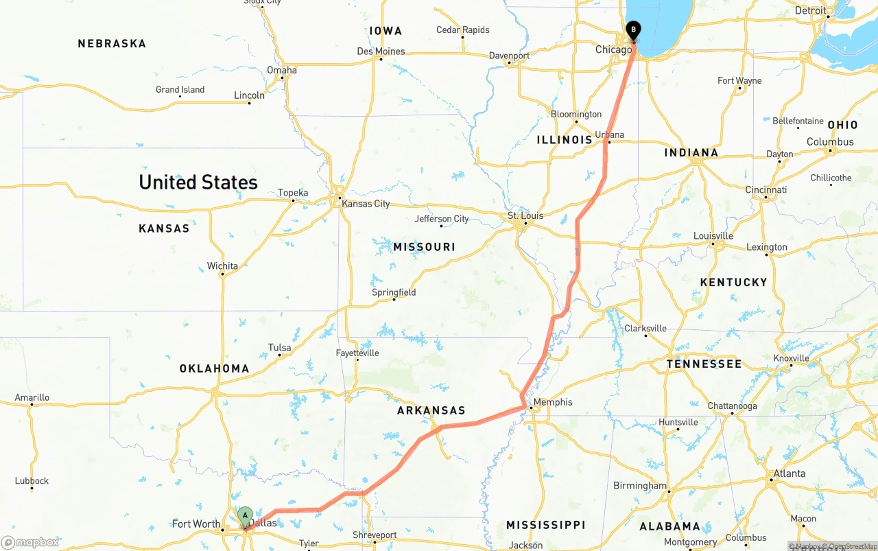 Shipping route from Dallas to Chicago