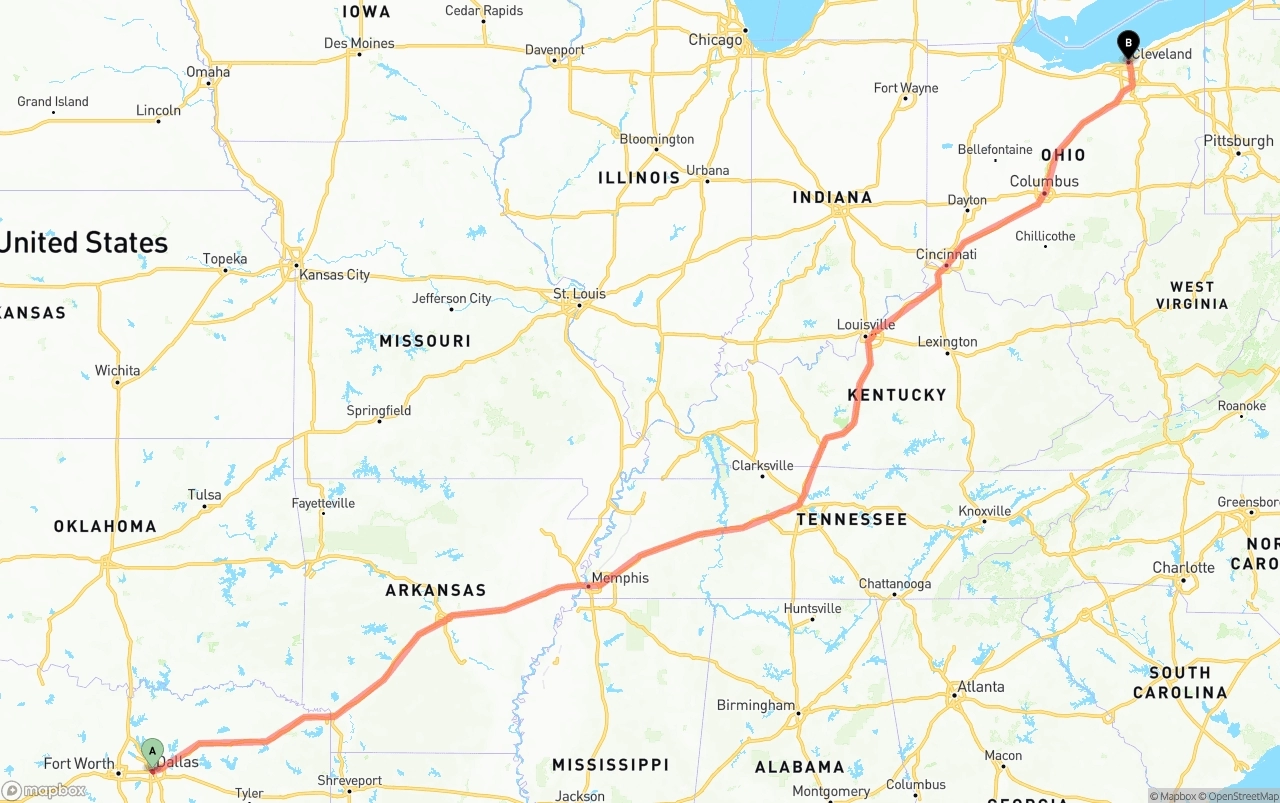 Shipping route from Dallas to Cleveland