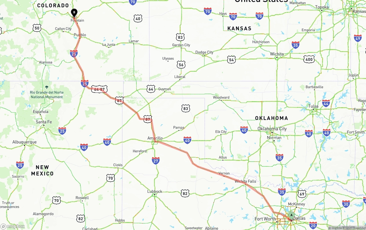 Shipping route from Dallas to Colorado Springs