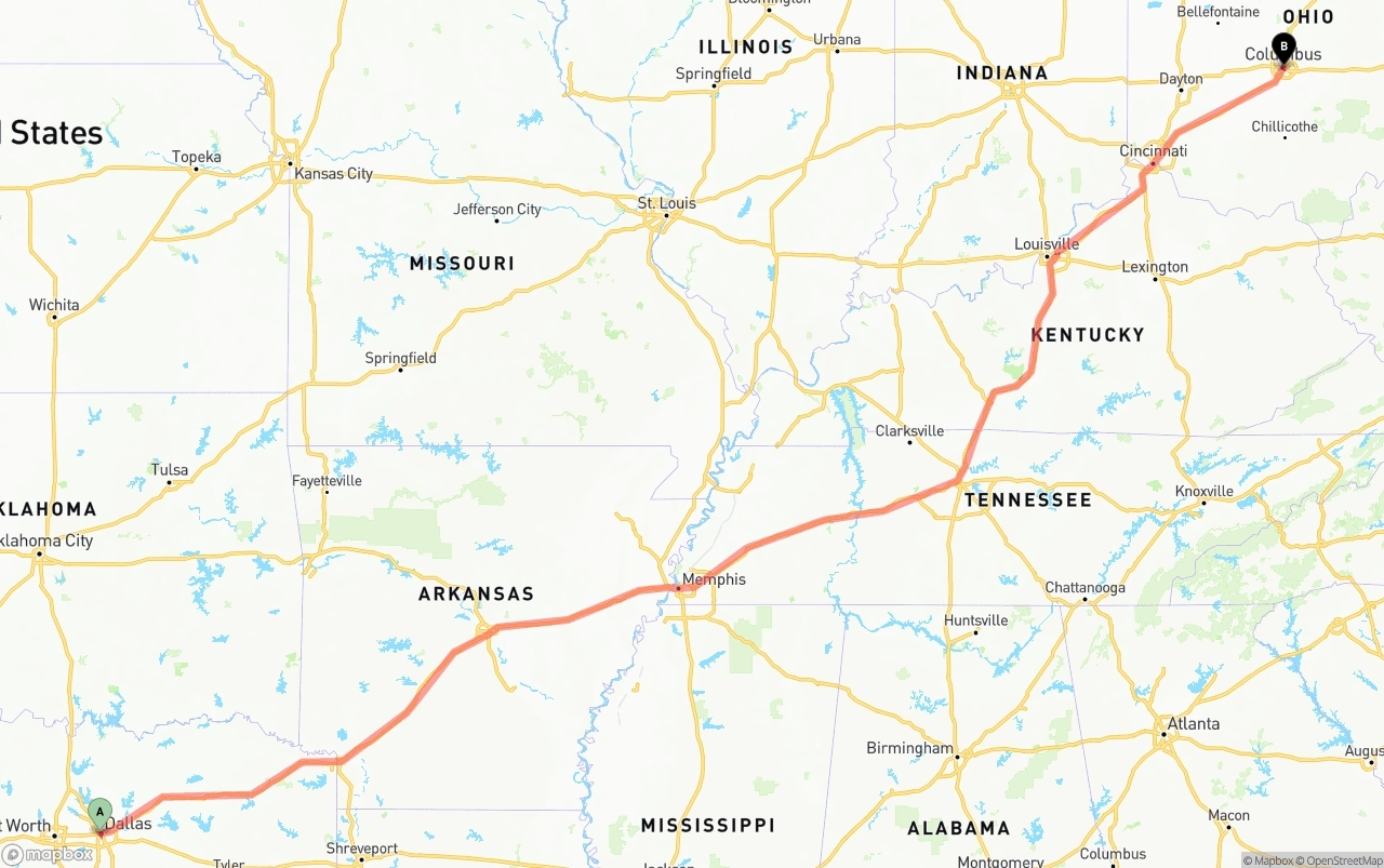 Shipping route from Dallas to Columbus