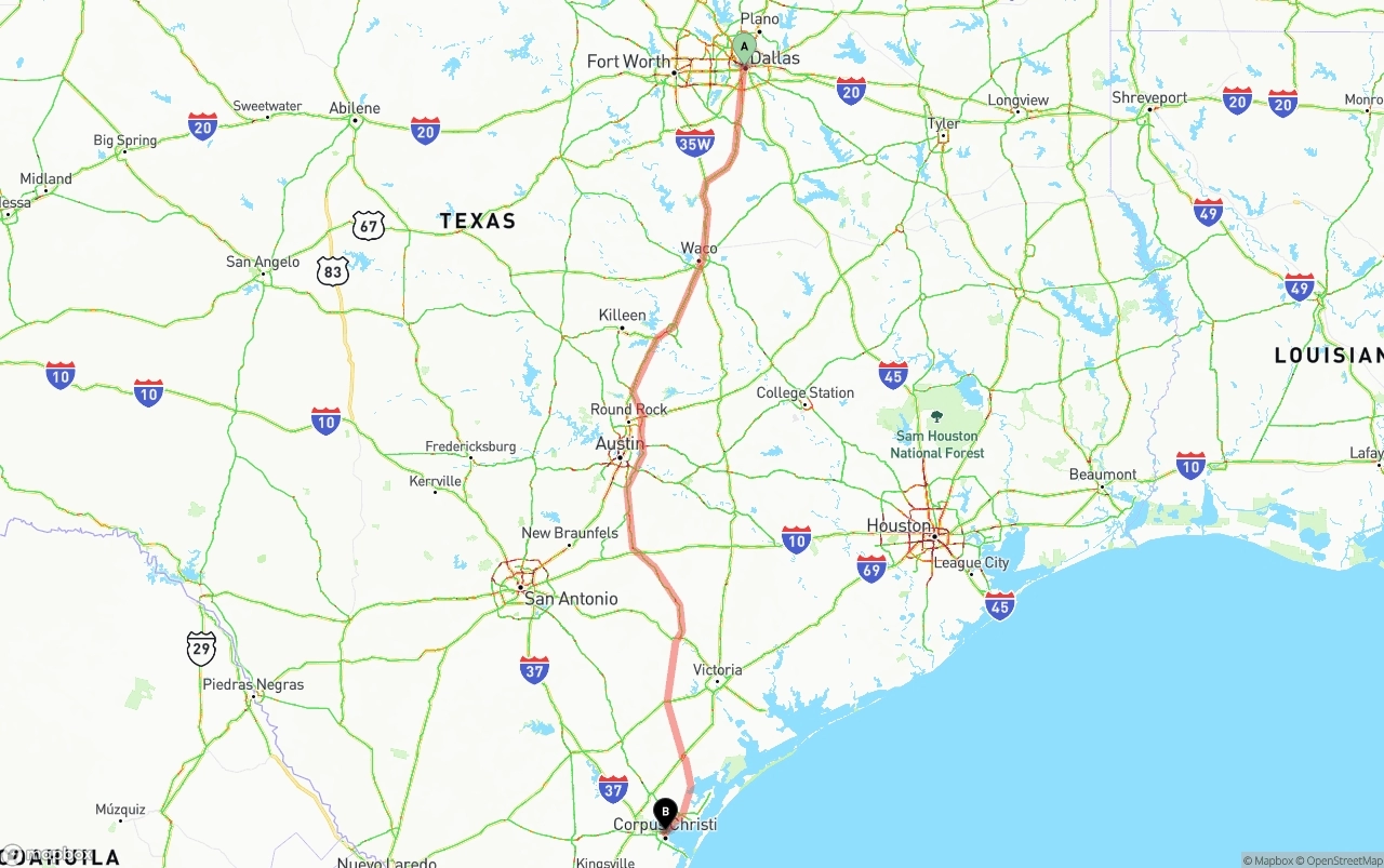 Shipping route from Dallas to Corpus Christi