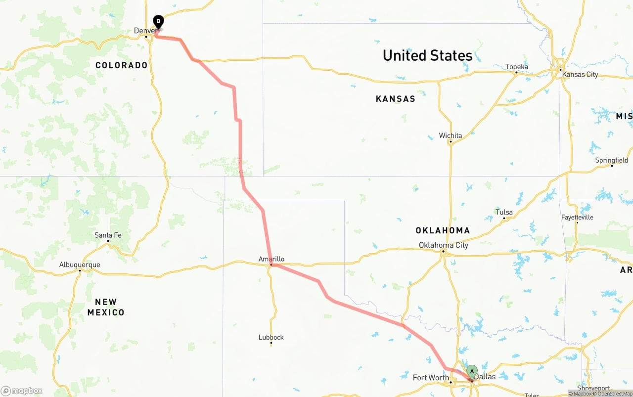 Shipping route from Dallas to Denver International Airport