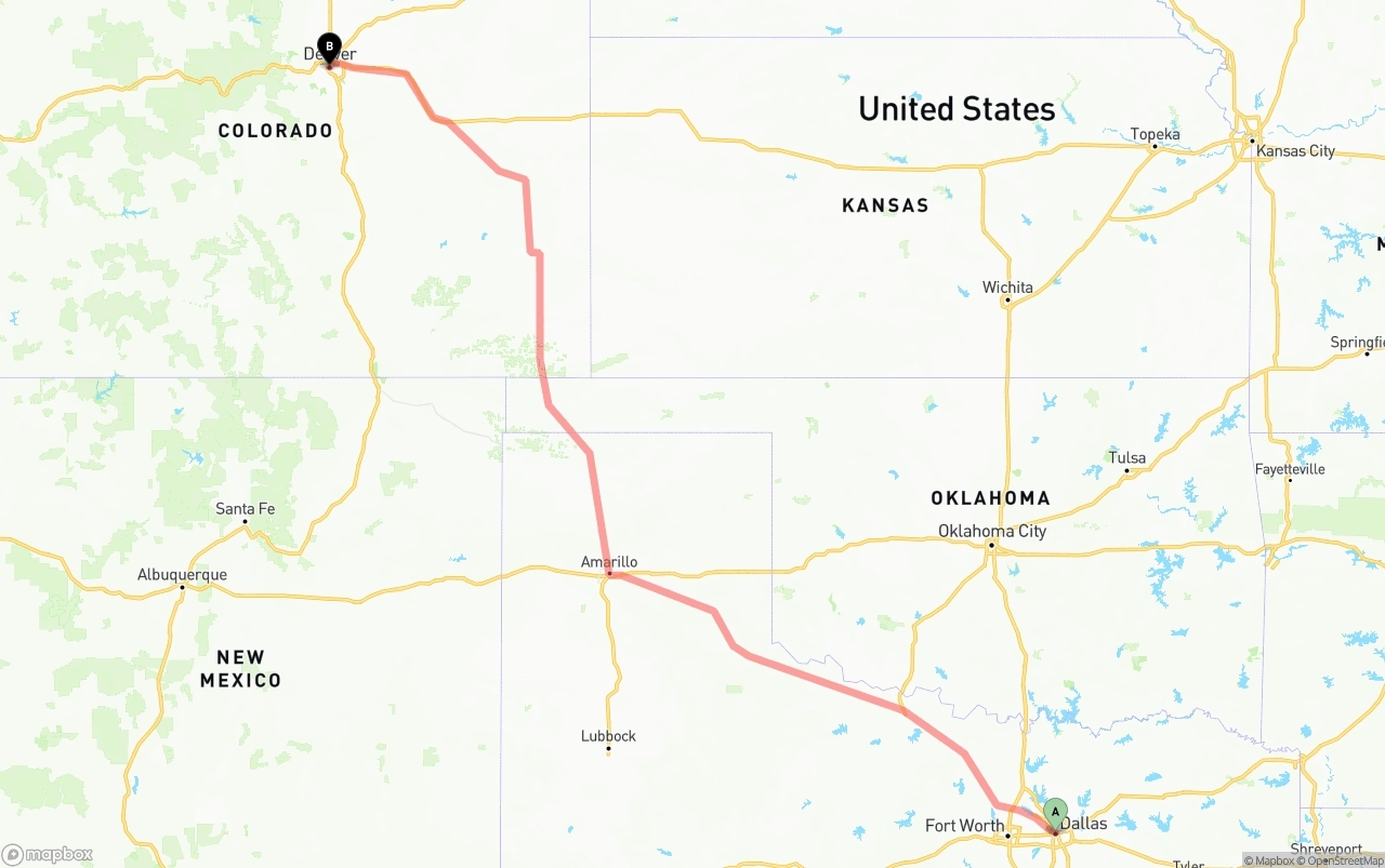 Shipping route from Dallas to Denver