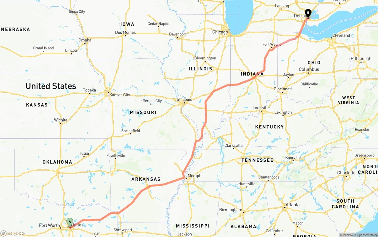 Shipping route from Dallas to Detroit