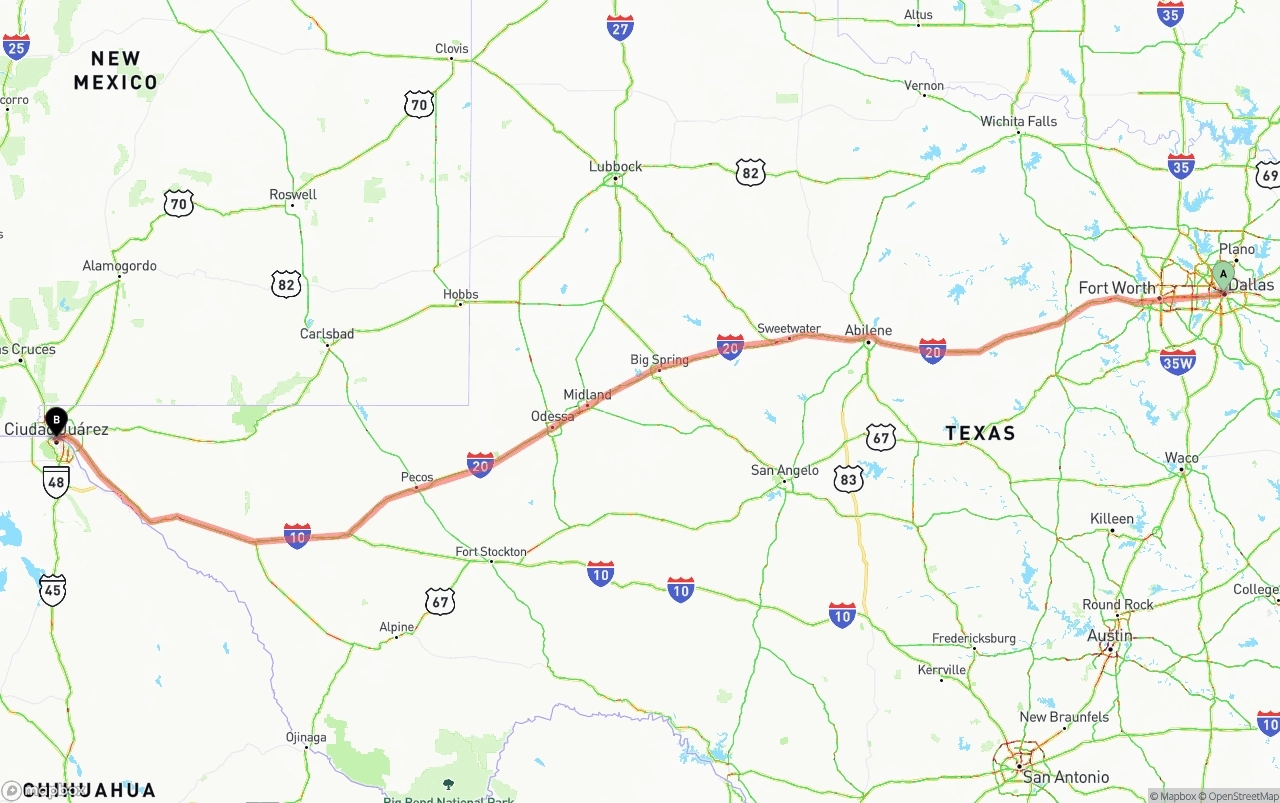 Shipping route from Dallas to El Paso