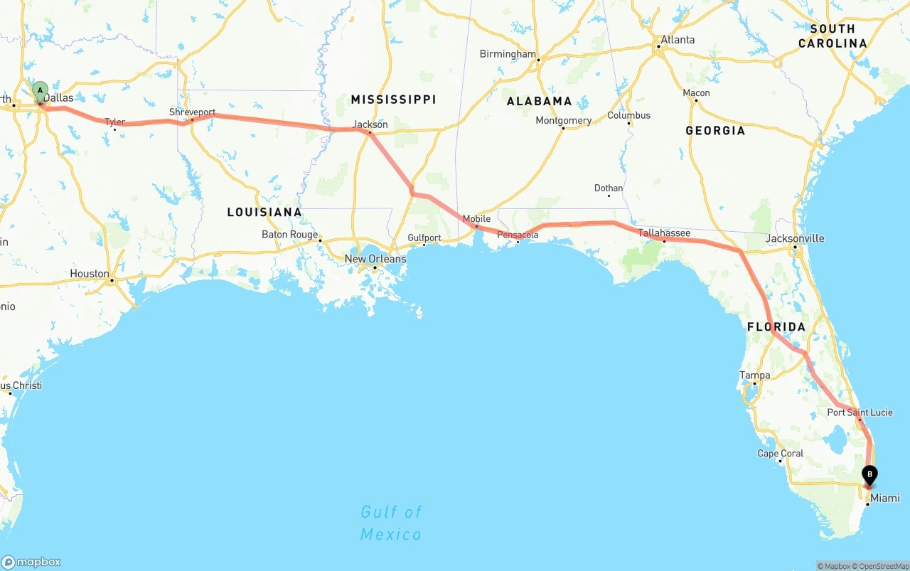 Shipping route from Dallas to Fort Lauderdale-Hollywood International Airport