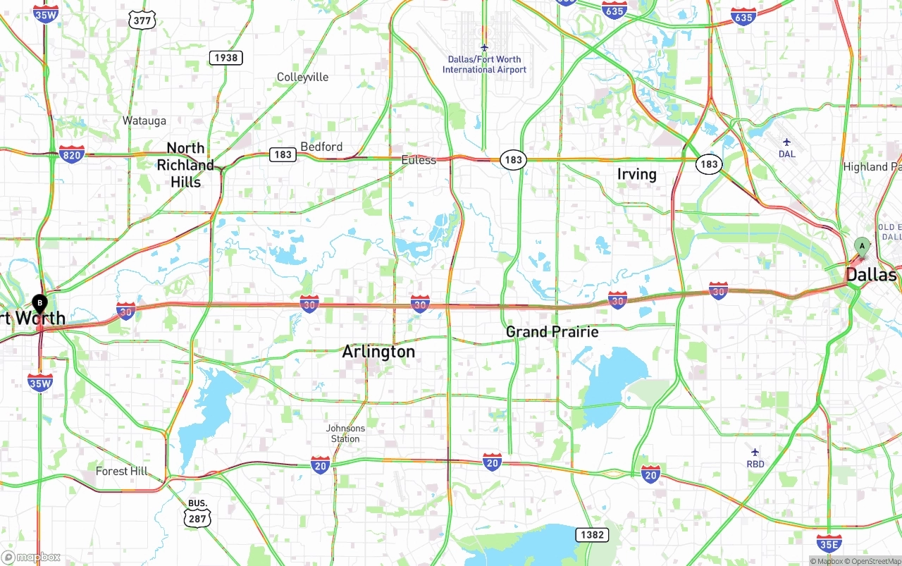 Shipping route from Dallas to Fort Worth