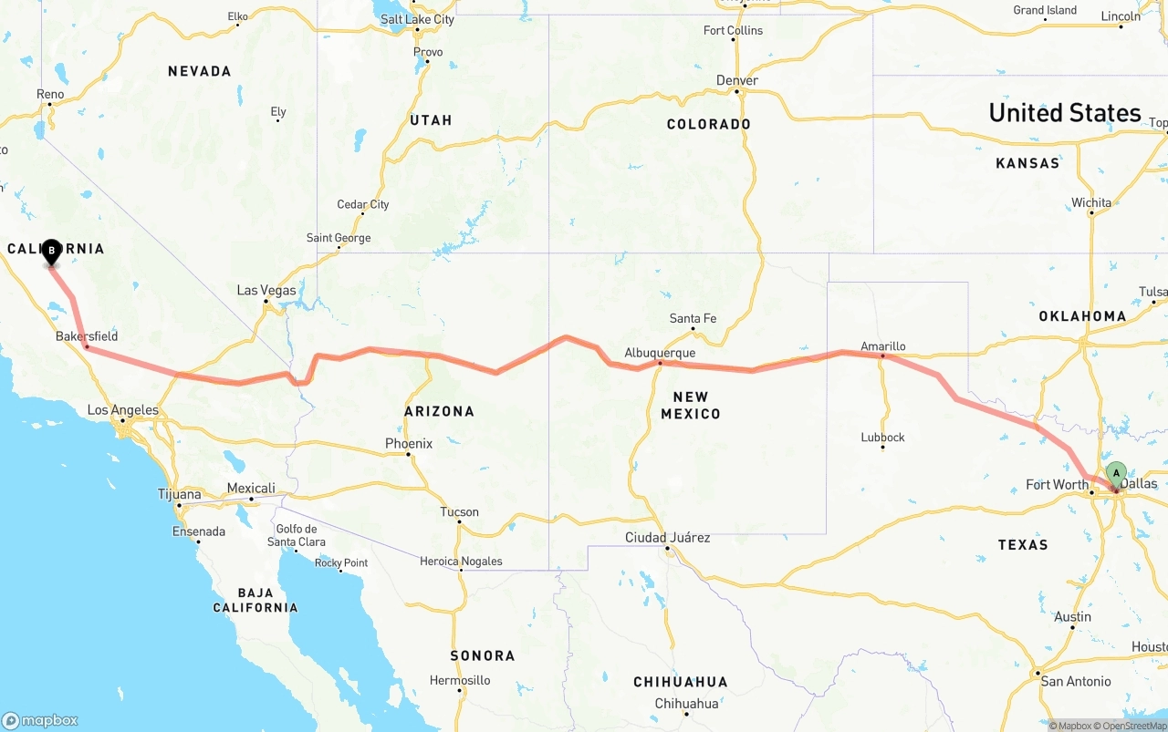 Shipping route from Dallas to Fresno