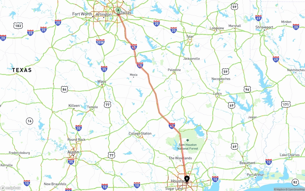 Shipping route from Dallas to Houston