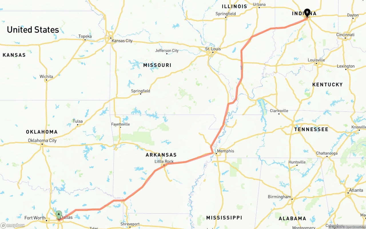 Shipping route from Dallas to Indianapolis