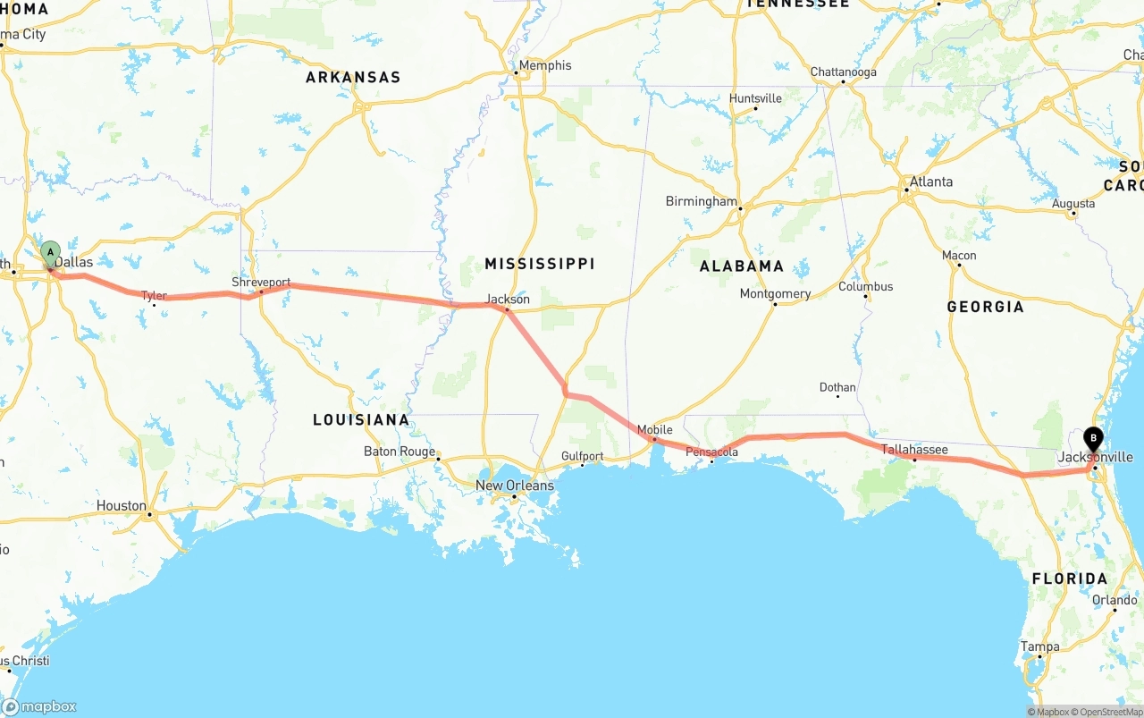 Shipping route from Dallas to Jacksonville International Airport