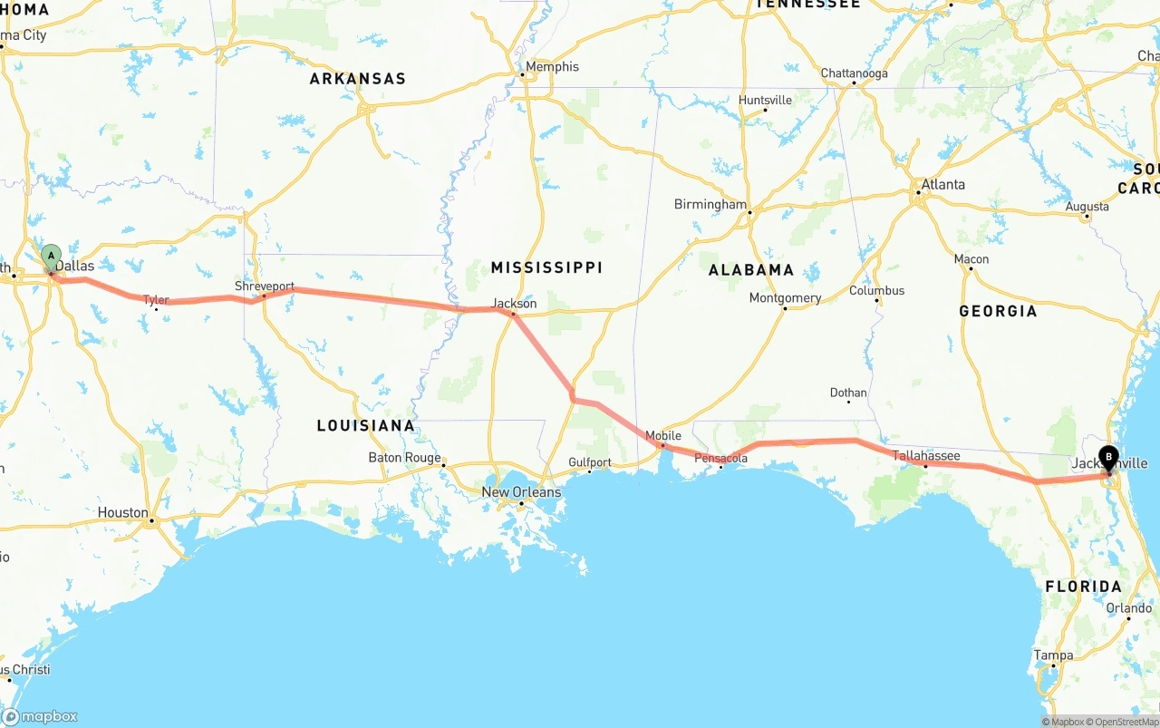 Shipping route from Dallas to Jacksonville