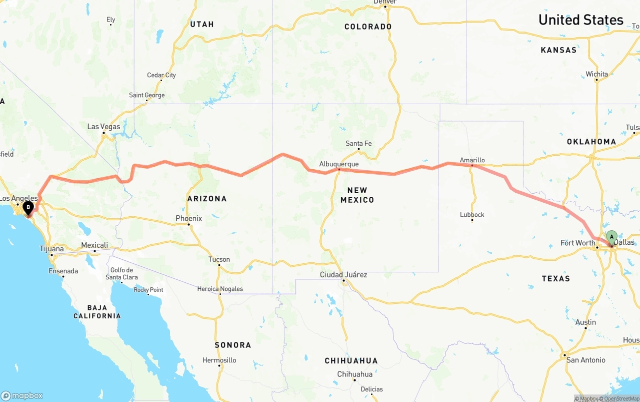Shipping route from Dallas to John Wayne Airport — Orange County