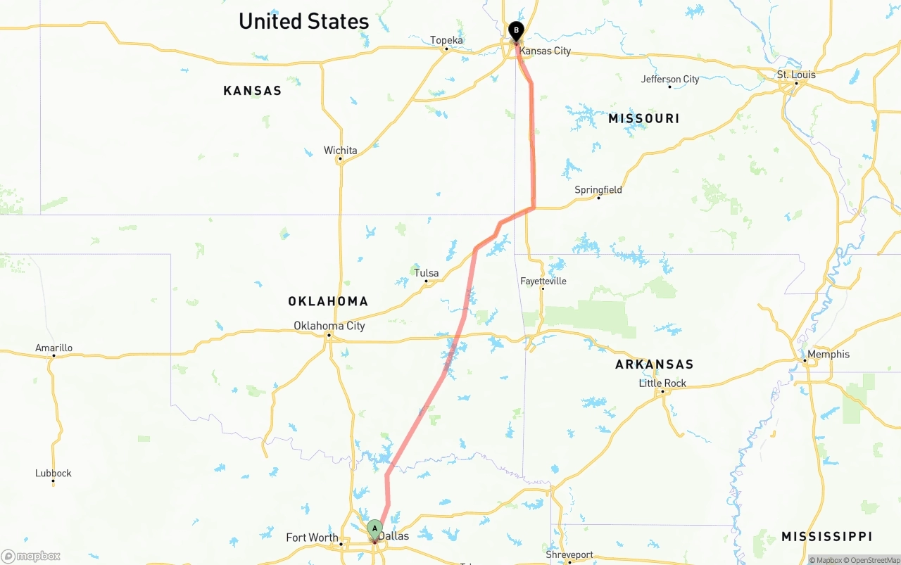 Shipping route from Dallas to Kansas City