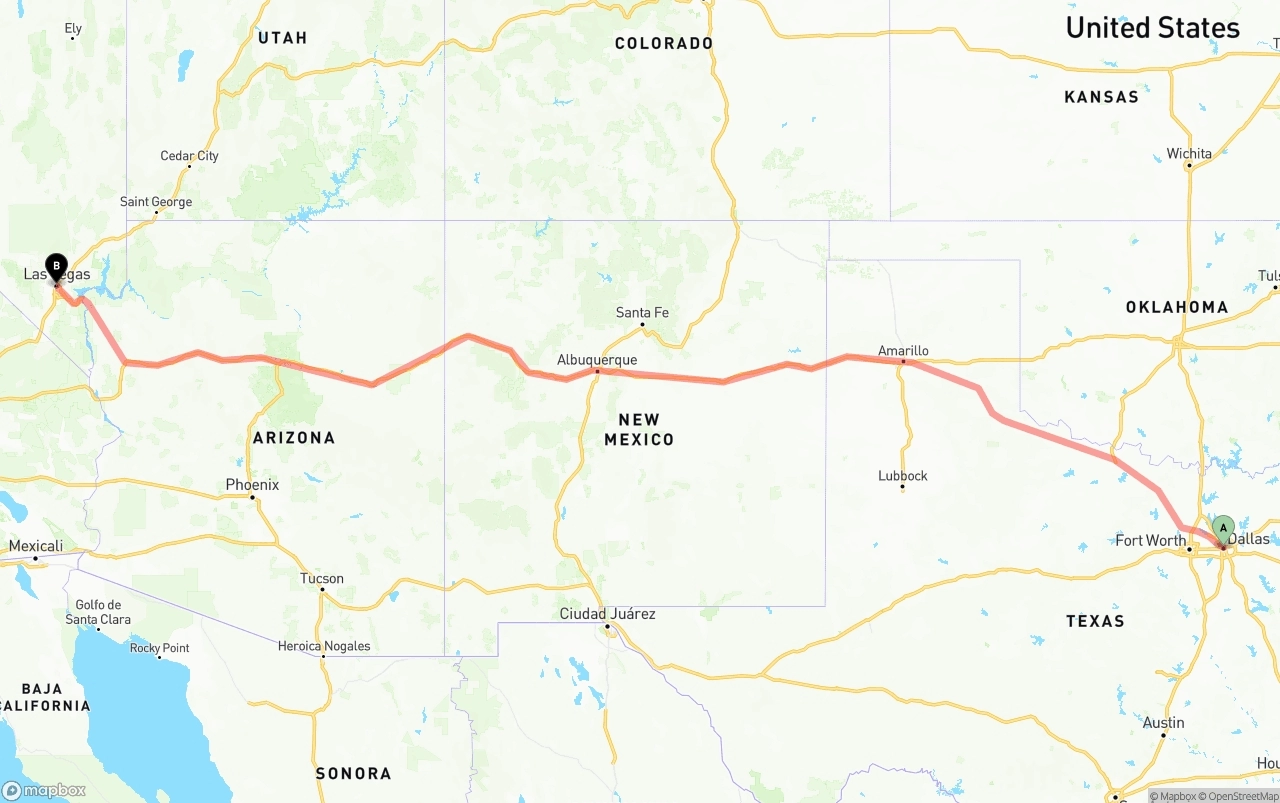 Shipping route from Dallas to Las Vegas