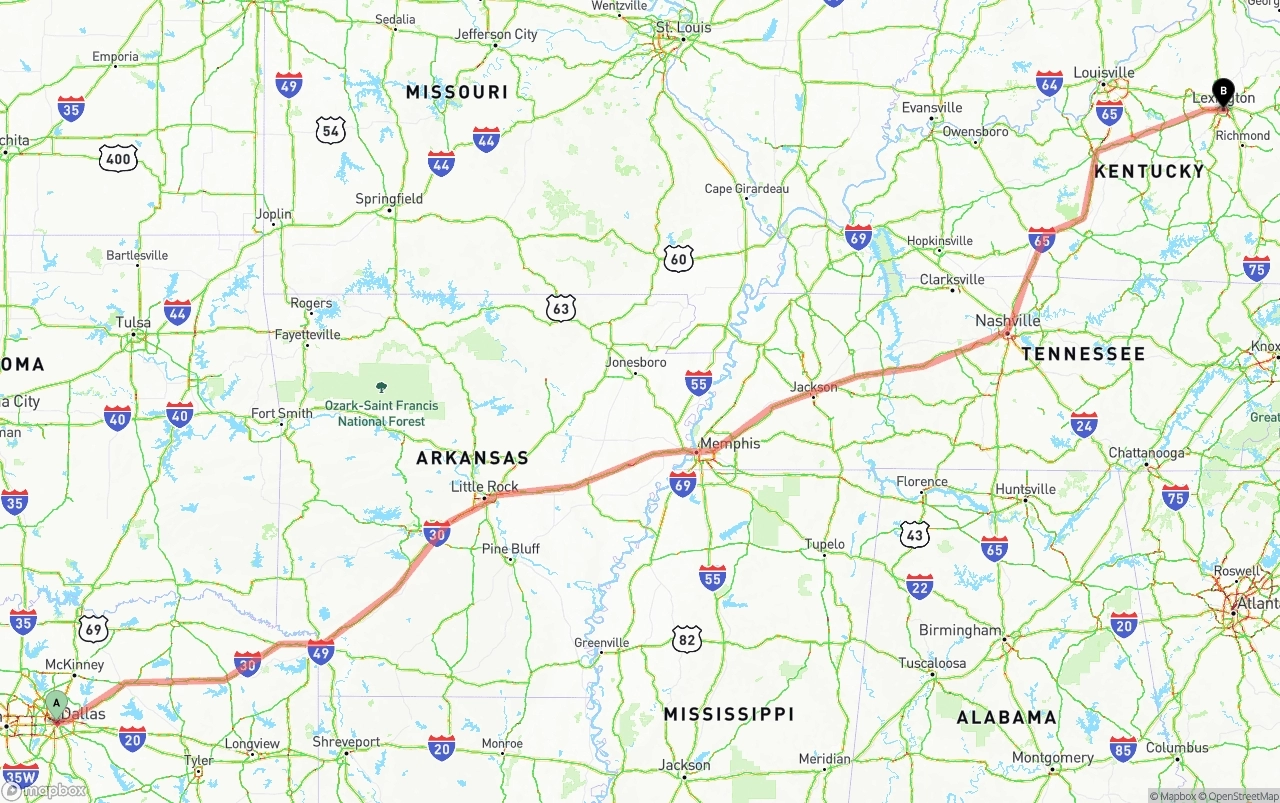 Shipping route from Dallas to Lexington