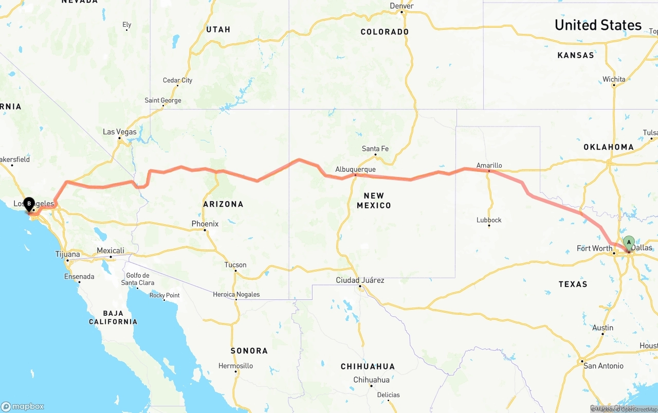 Shipping route from Dallas to Los Angeles International Airport