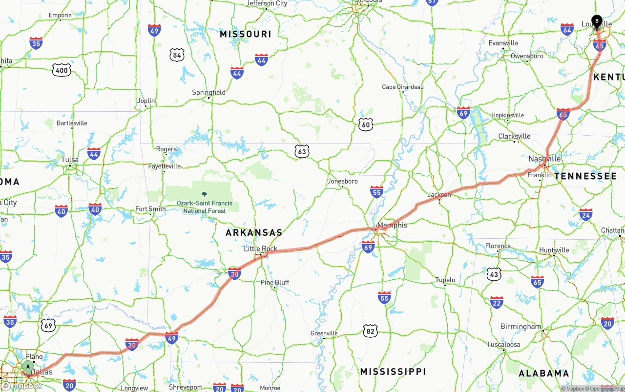 Shipping route from Dallas to Louisville