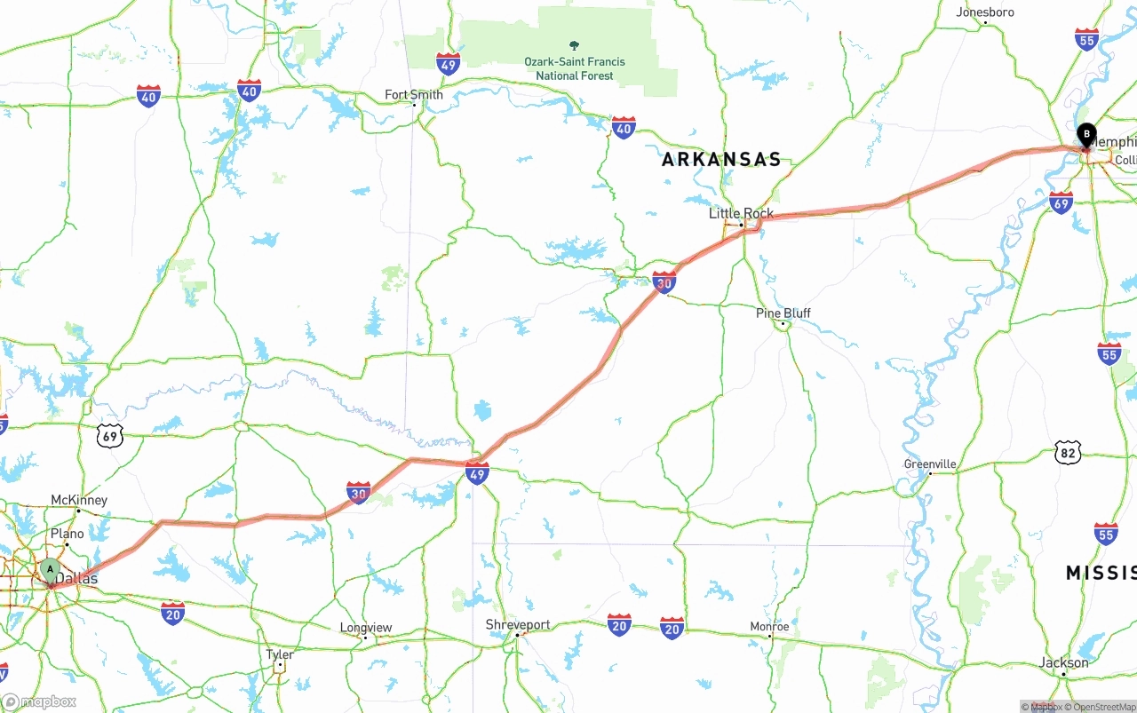 Shipping route from Dallas to Memphis