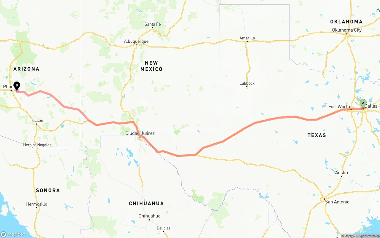 Shipping route from Dallas to Mesa