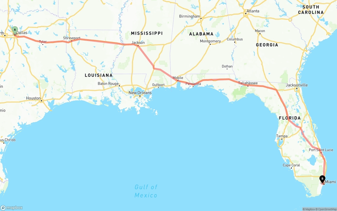 Shipping route from Dallas to Miami International Airport