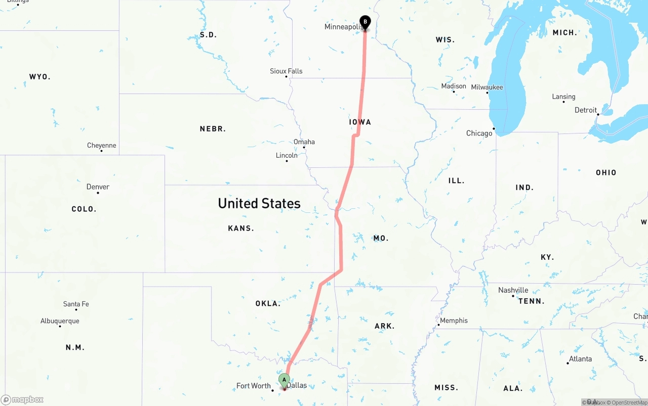 Shipping route from Dallas to Minneapolis