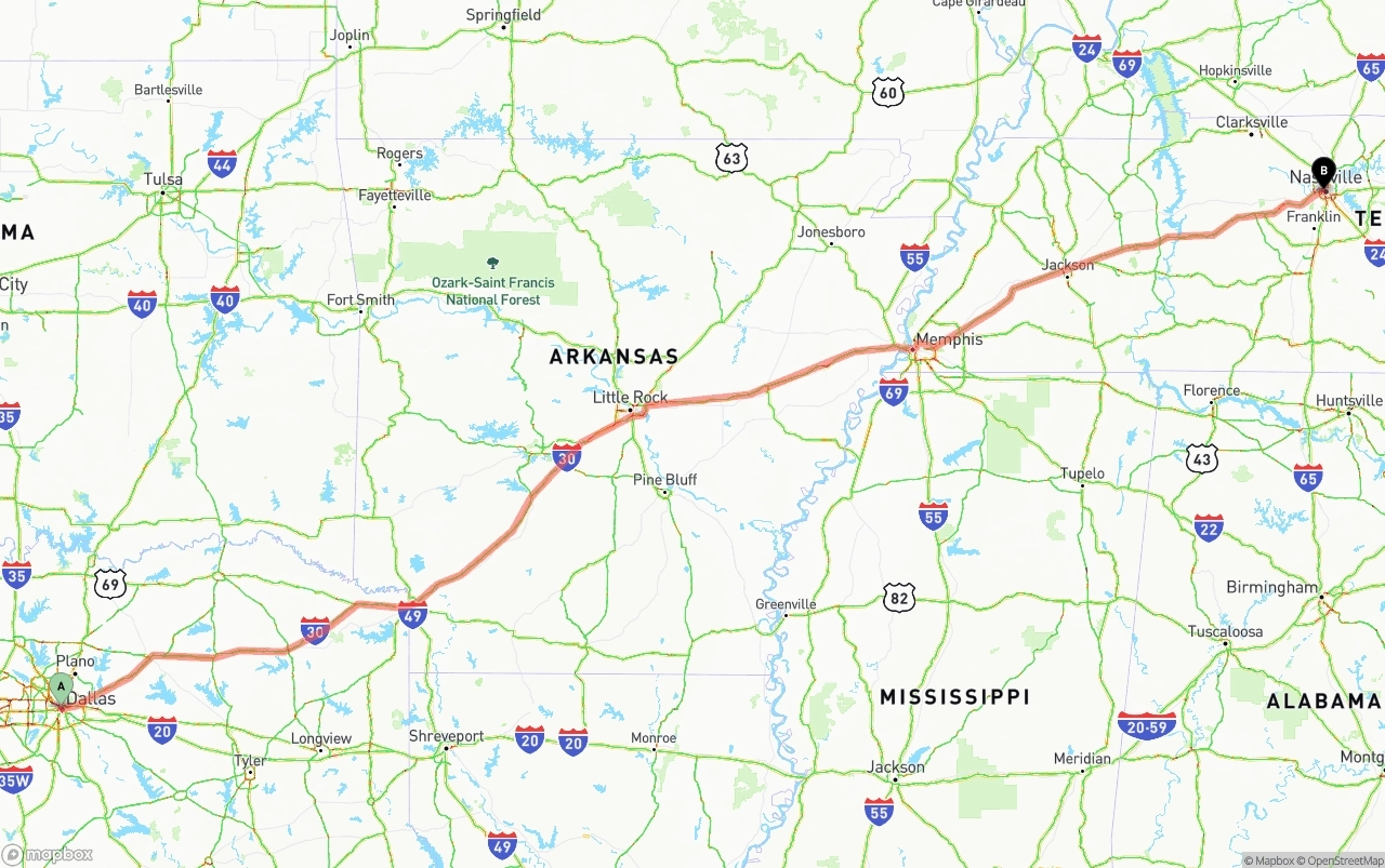 Shipping route from Dallas to Nashville