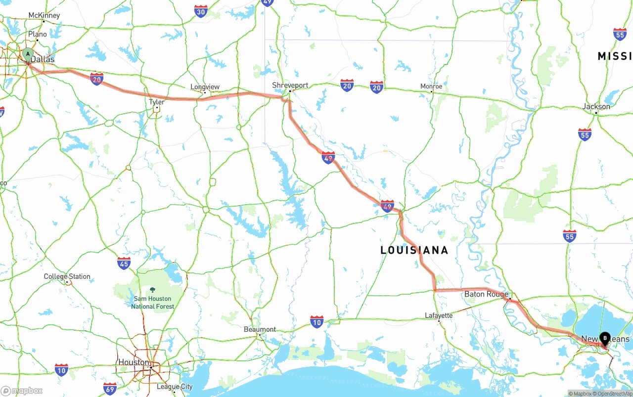 Shipping route from Dallas to New Orleans