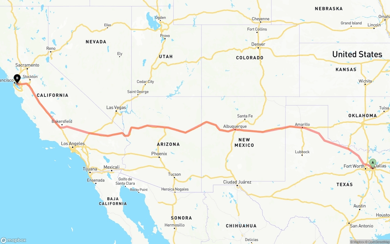 Shipping route from Dallas to Oakland International Airport