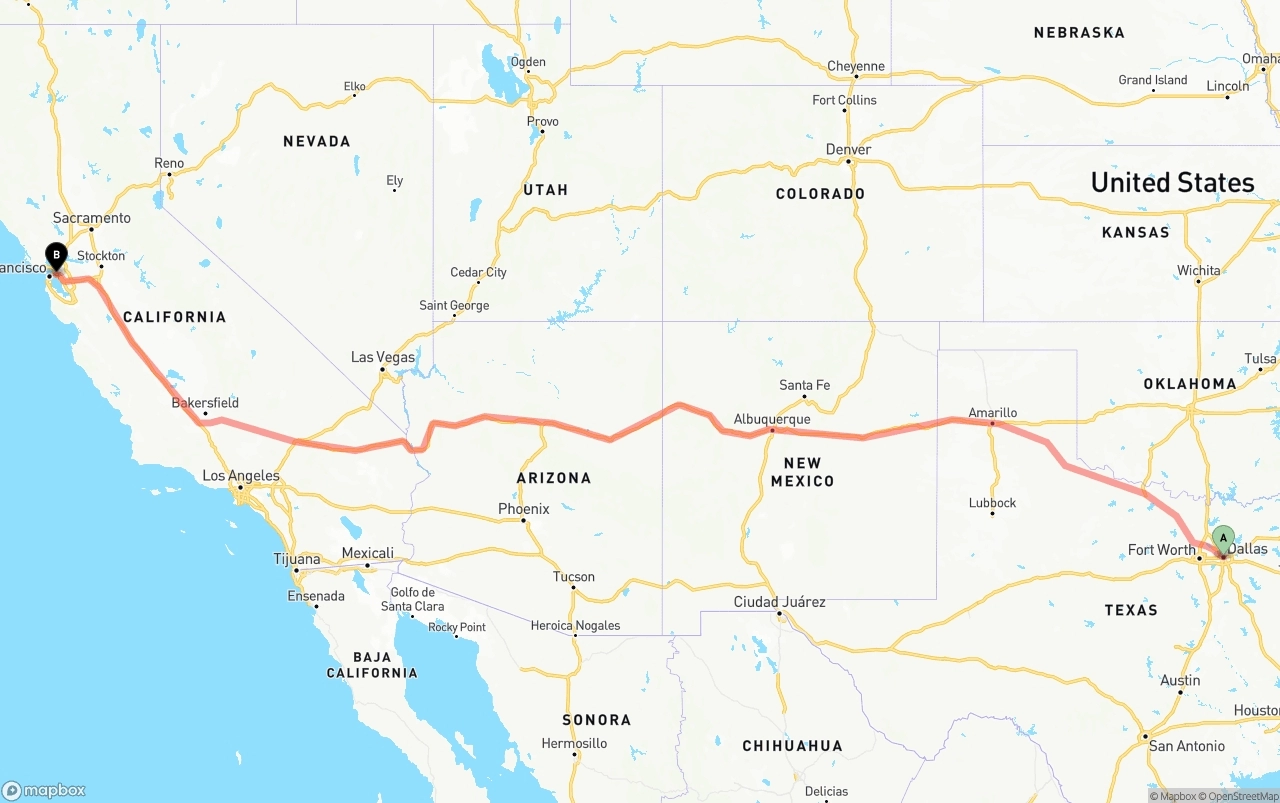 Shipping route from Dallas to Oakland