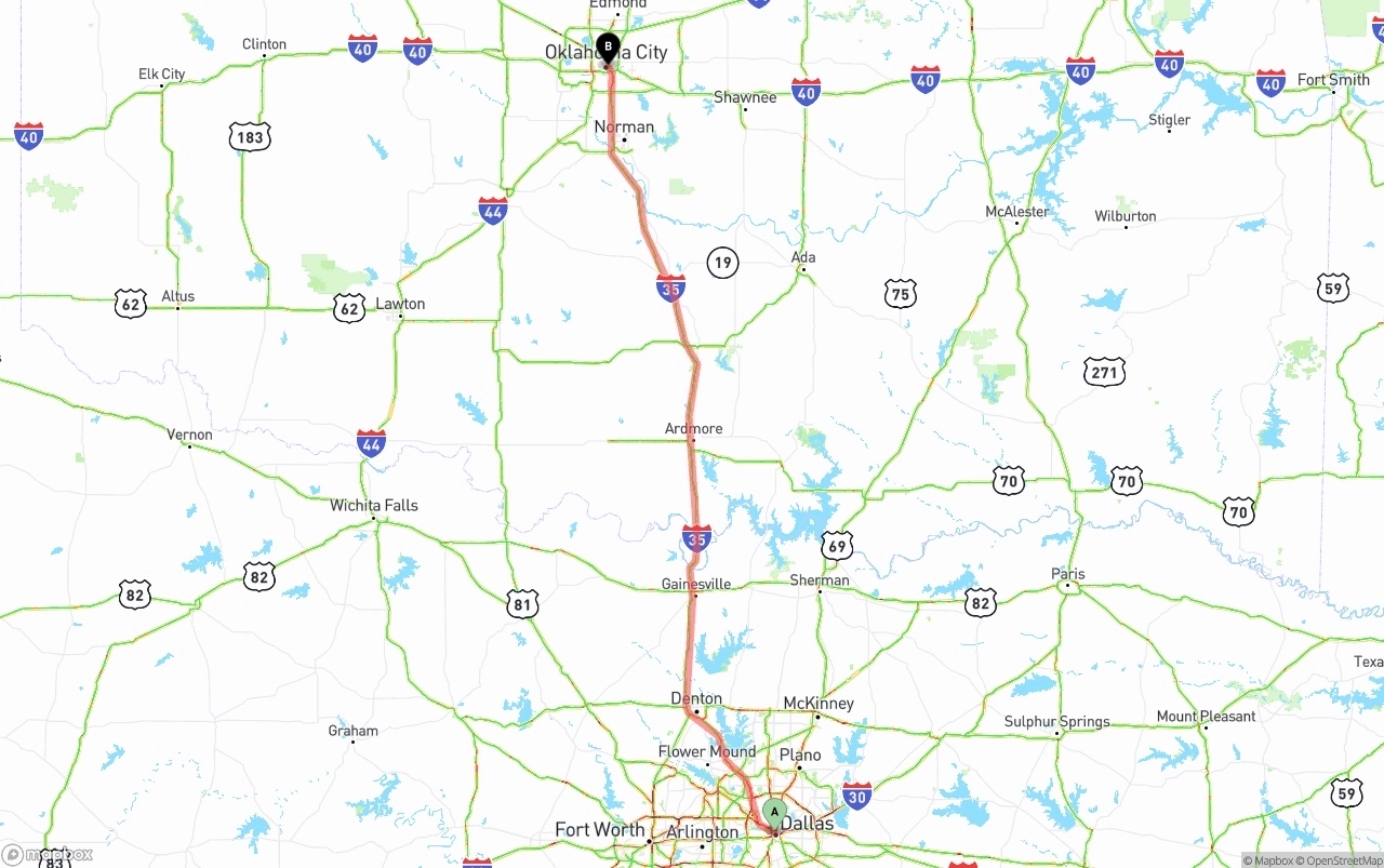 Shipping route from Dallas to Oklahoma City