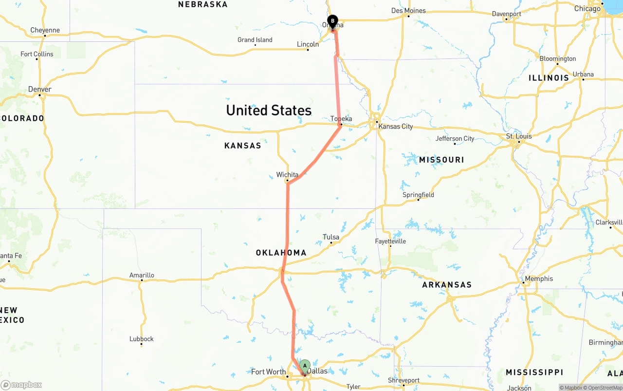 Shipping route from Dallas to Omaha