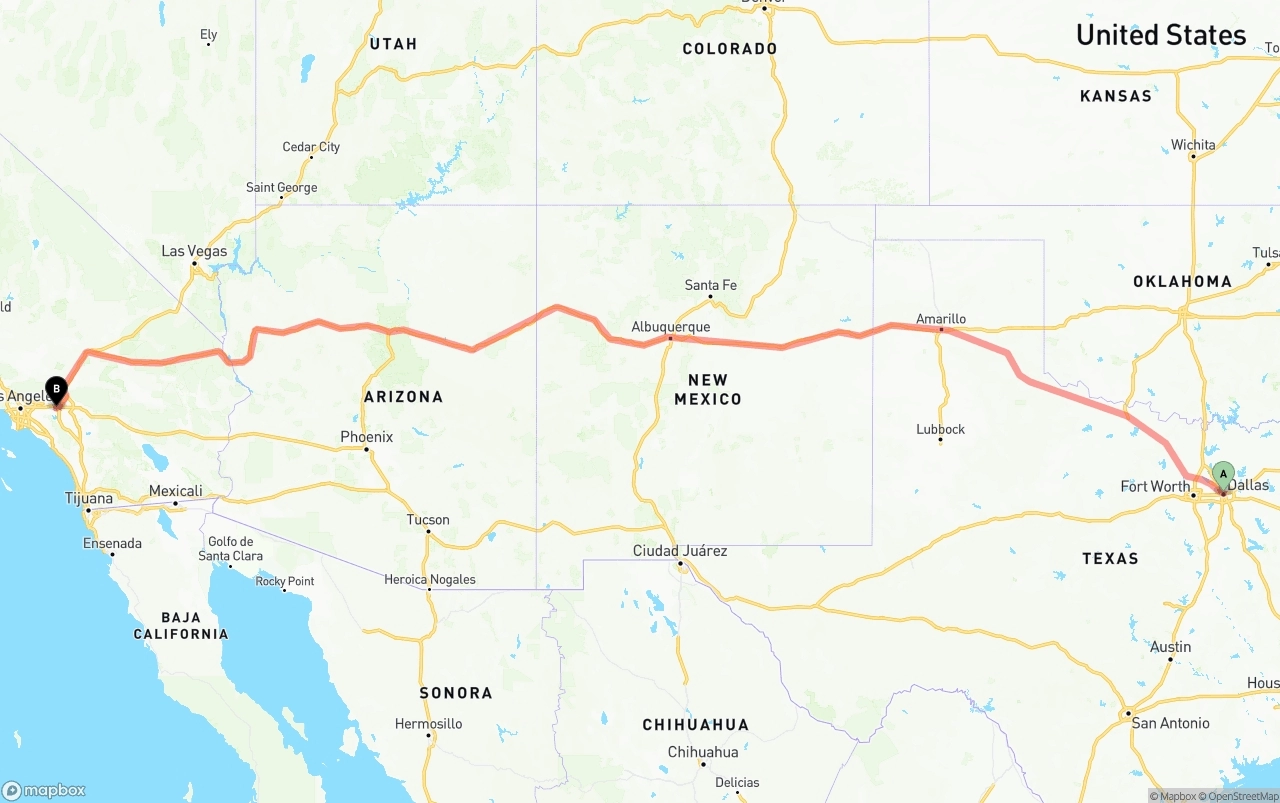 Shipping route from Dallas to Ontario International Airport
