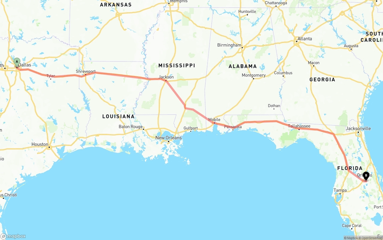 Shipping route from Dallas to Orlando International Airport