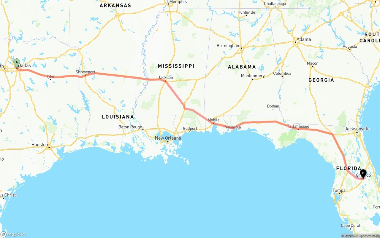 Shipping route from Dallas to Orlando