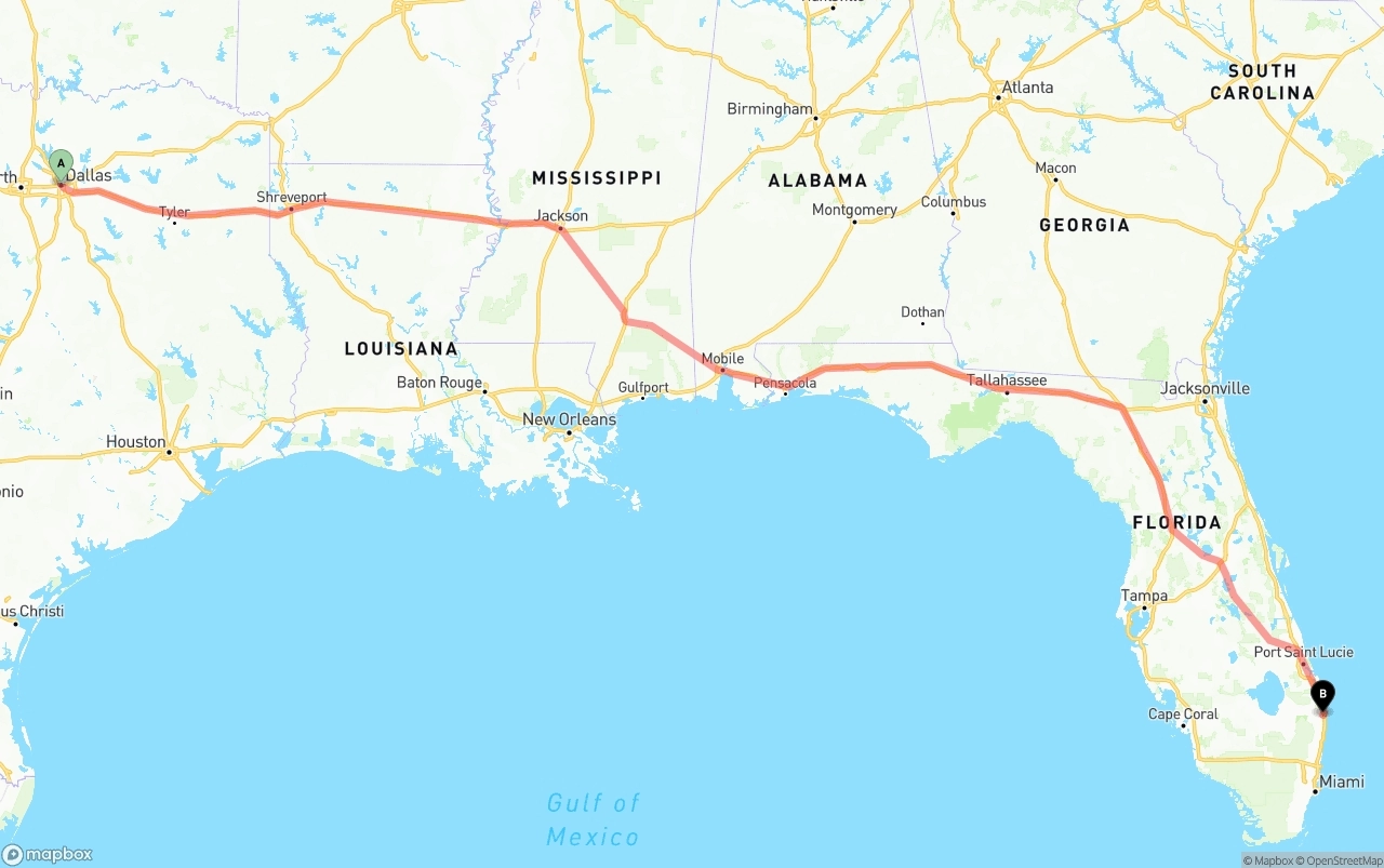 Shipping route from Dallas to Palm Beach International Airport