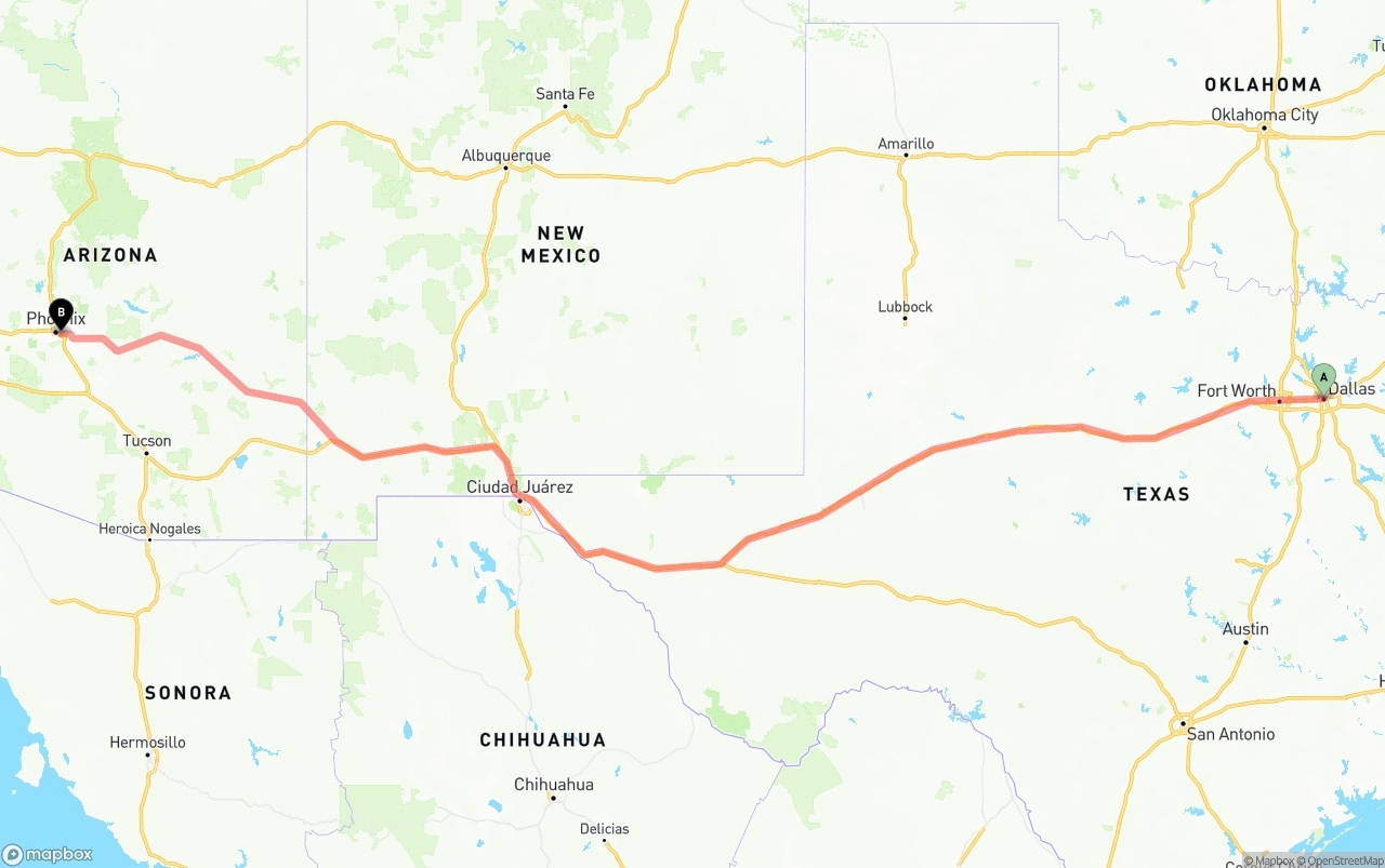 Shipping route from Dallas to Phoenix Sky Harbor International Airport