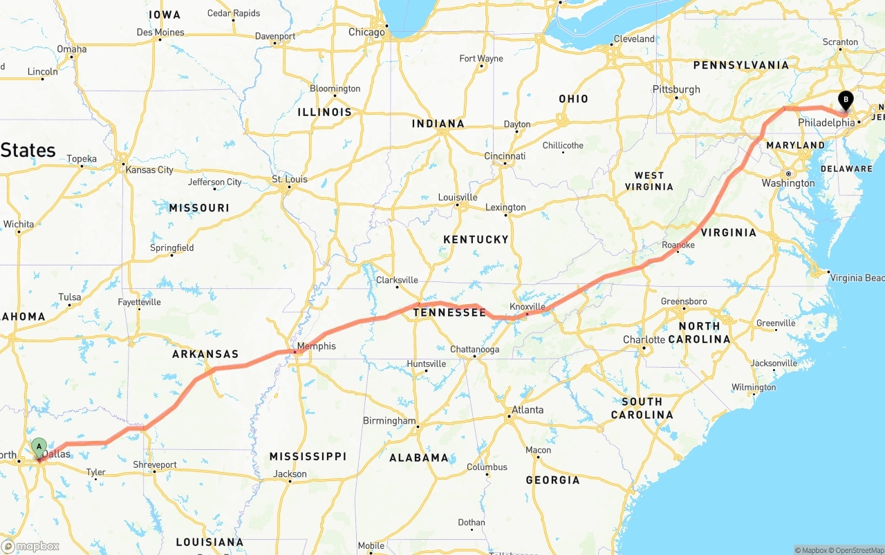 Shipping route from Dallas to Phoenix