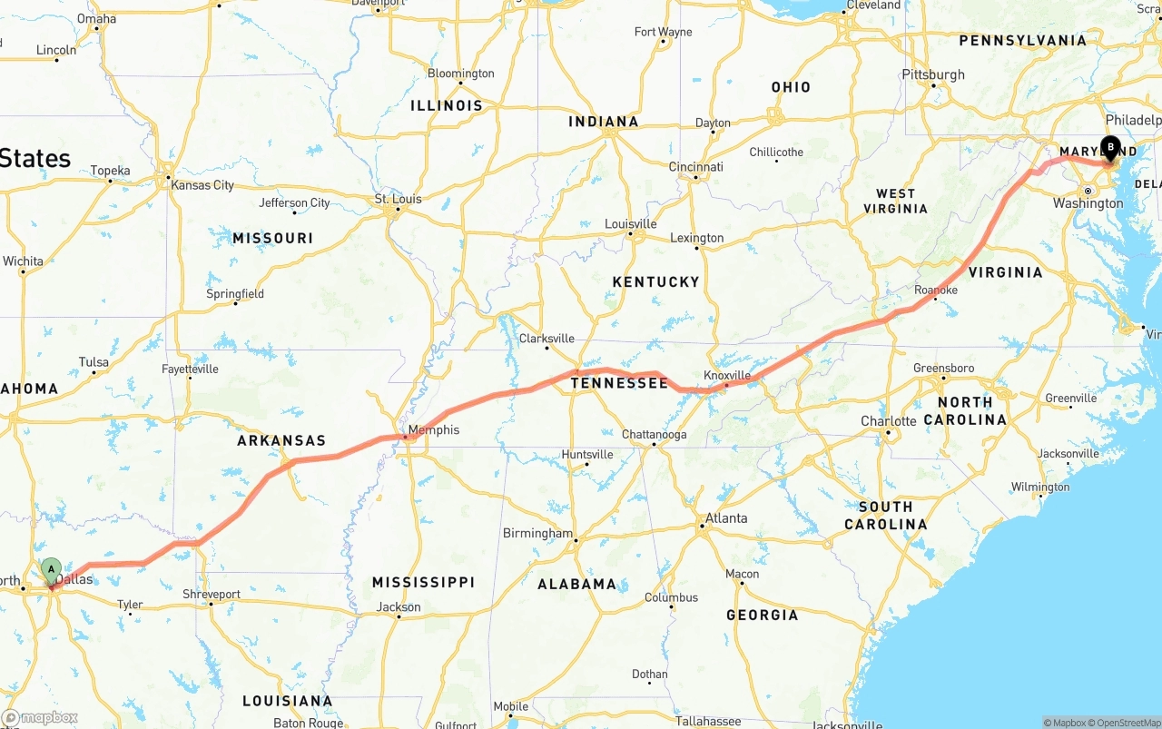 Shipping route from Dallas to Port of Baltimore