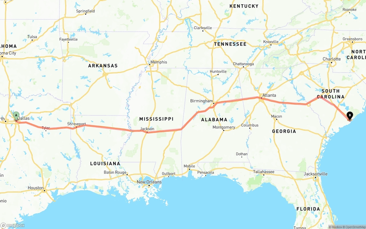 Shipping route from Dallas to Port of Charleston