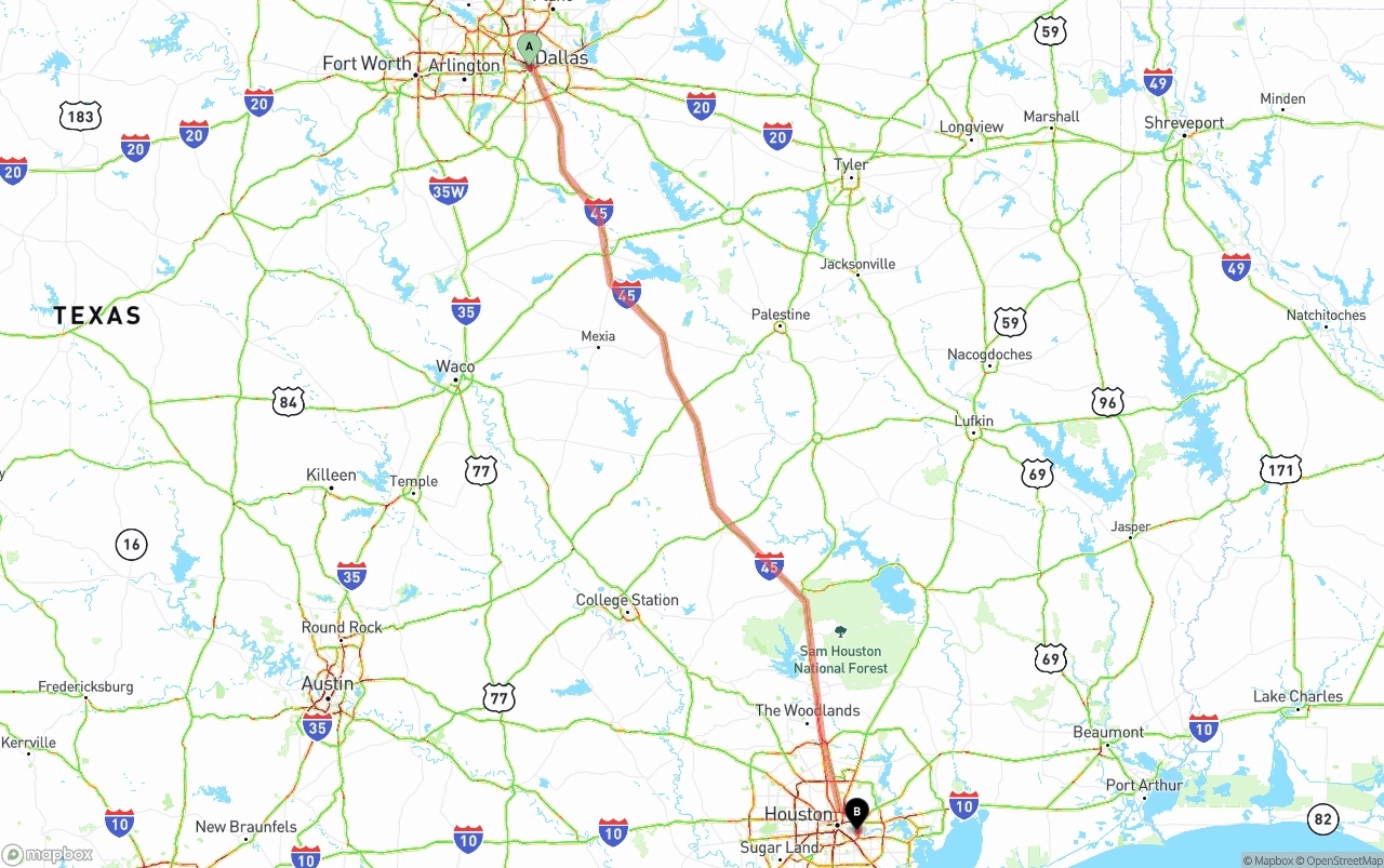 Shipping route from Dallas to Port of Houston