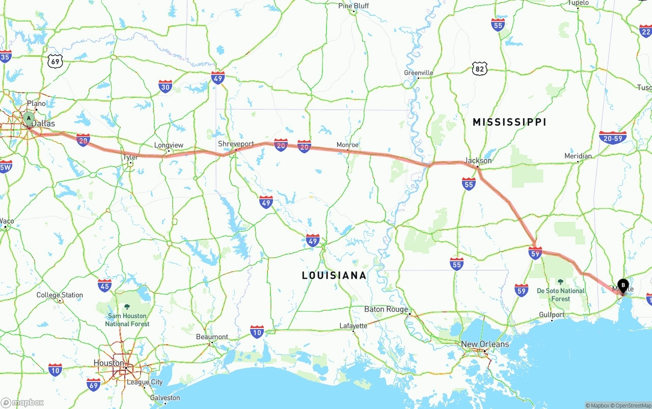 Shipping route from Dallas to Port of Mobile