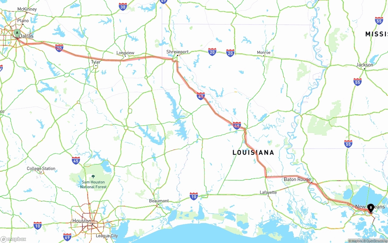 Shipping route from Dallas to Port of New Orleans