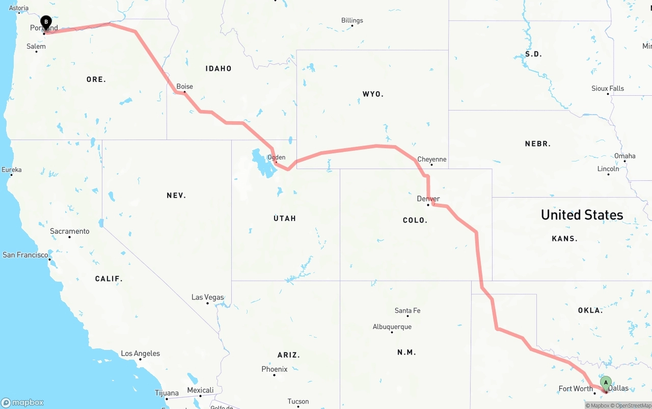Shipping route from Dallas to Port of Portland