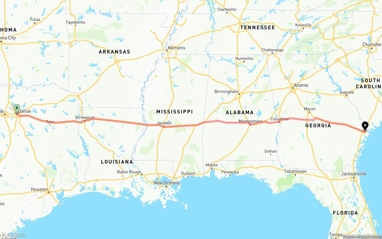 Shipping route from Dallas to Port of Savannah