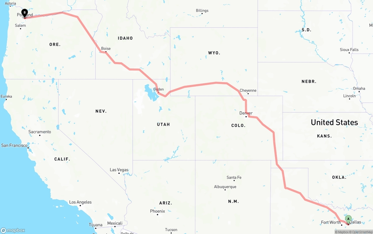 Shipping route from Dallas to Portland
