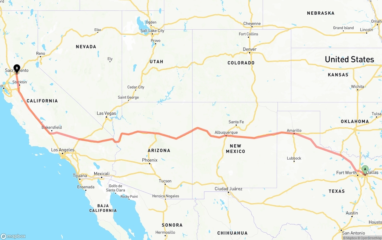 Shipping route from Dallas to Sacramento