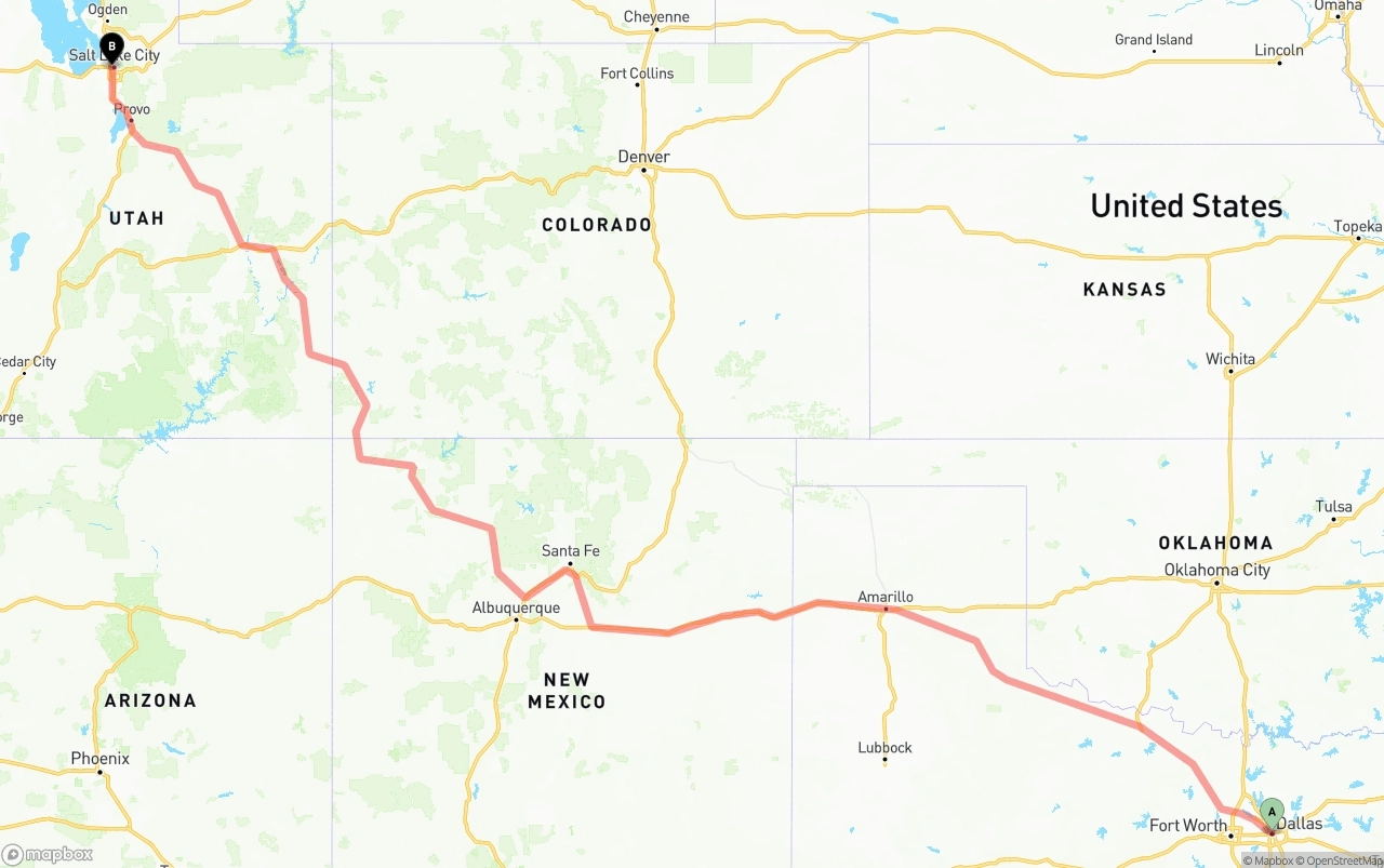 Shipping route from Dallas to Salt Lake City