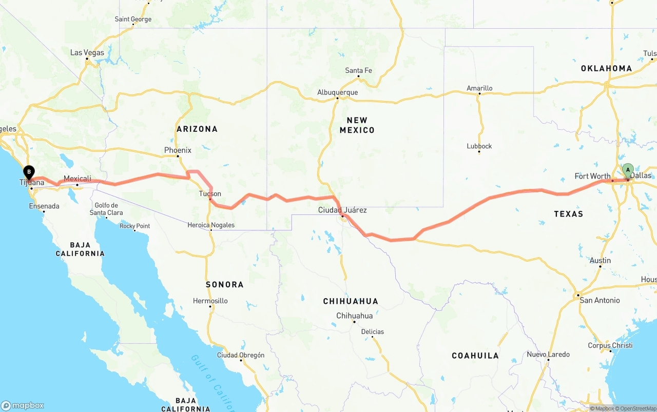 Shipping route from Dallas to San Diego